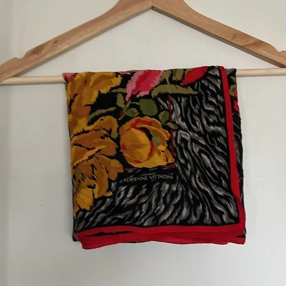 Vintage Adrienne Vittani Silk Floral Animal Print Scarf